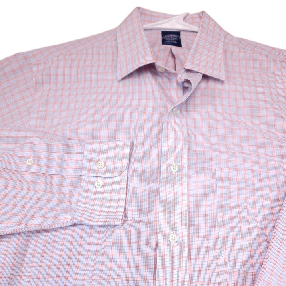 Brooks Brothers Dress Shirt Mens 16‎ 34/35 Pink Check Non Iron Cotton